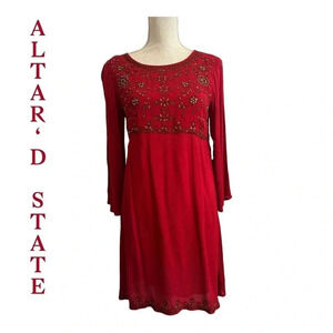 Altar’d State Babydoll red Beaded Tassel Embellished shift Dress size S NWT‎